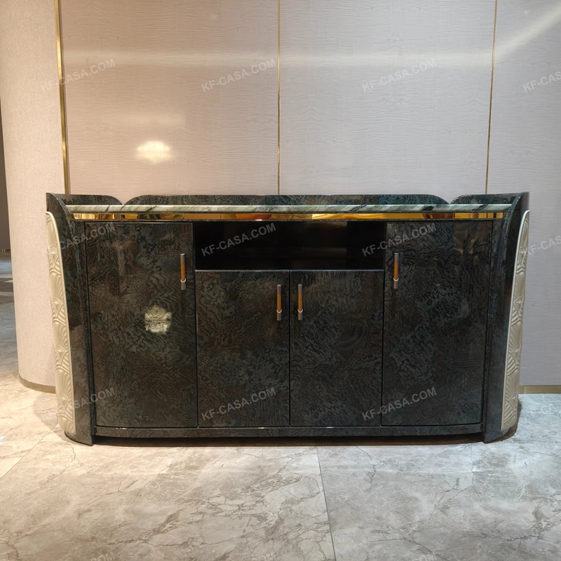 Curved Marble-Top Sideboard with Glossy Wood Veneer & Quilted Leather Accents